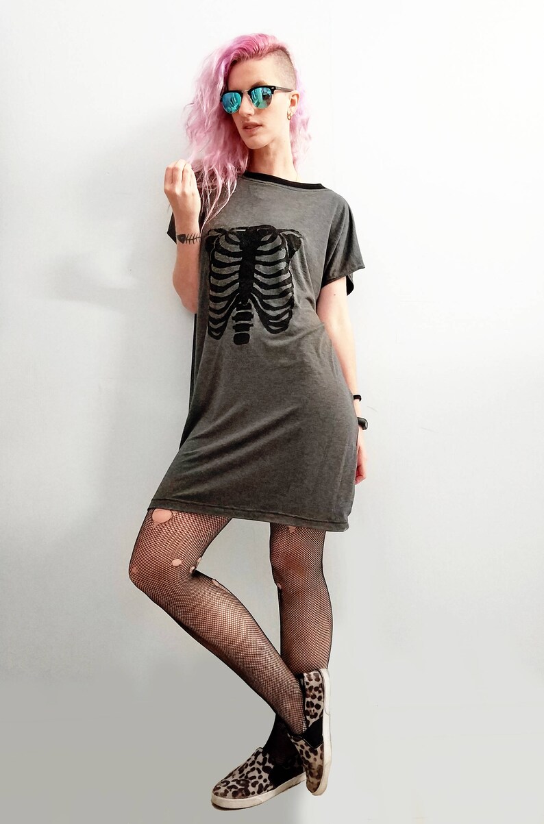 skeleton tshirt dress horror print goth dress ribcage dress cyberpunk clothing t shirt dress skeleton shirt dress halloween image 5