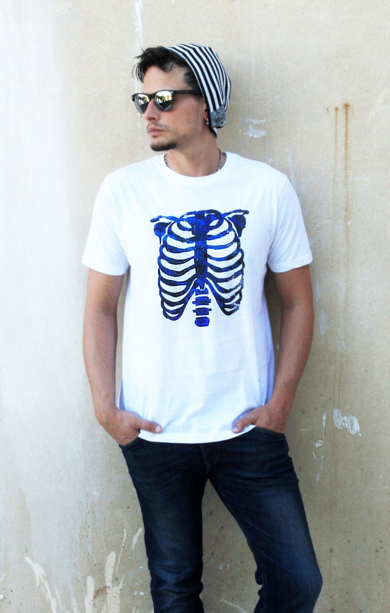 Handmade Glitter anatomy skeleton ribcage print T shirt Unisex Halloween cyberpunk clothing aesthetic clothing image 5