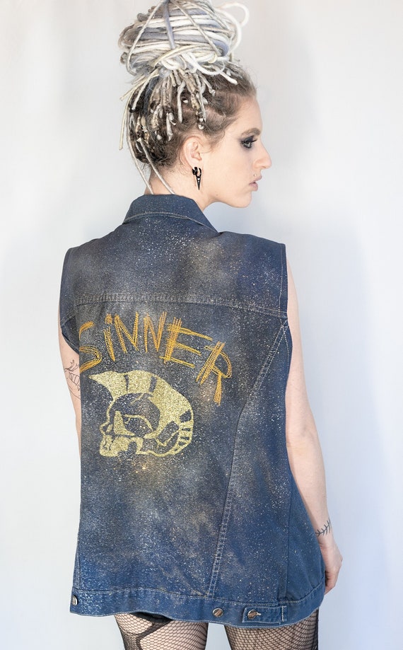 UNISEX XL Glitter N Gold Hand Painted Denim Biker Vest Battle Vest
