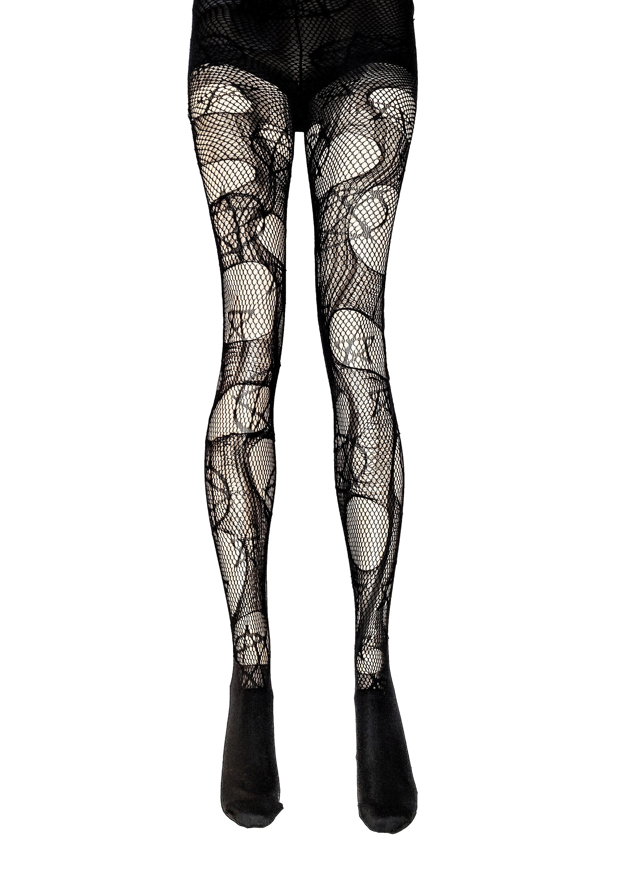 Fishnet Tights With Celestial Pattern – Black Mesh, Moon & Stars, Y2K Rave Goth Punk, One Size Women's