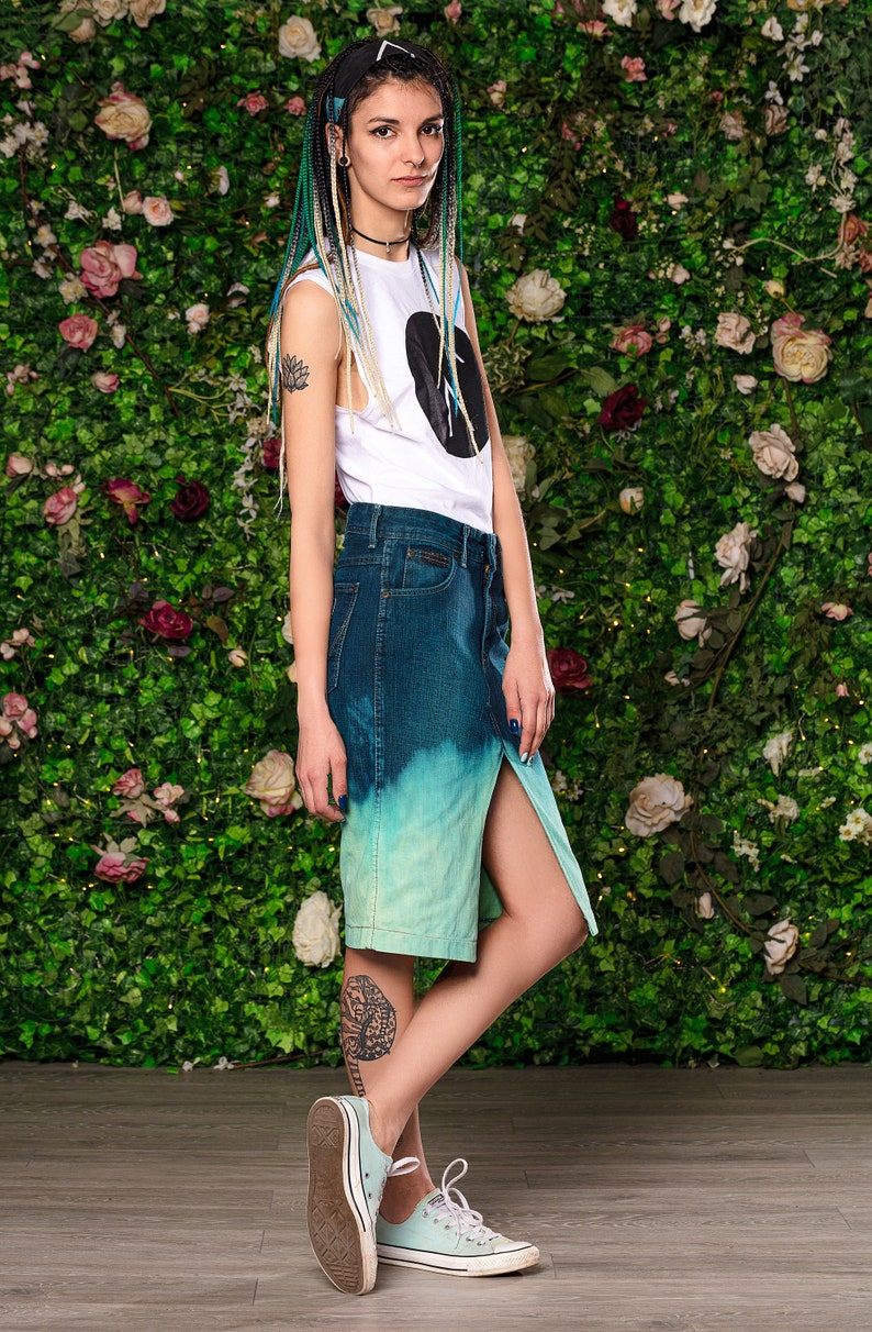 Turquoise dip dye ombre skirt fitted denim skirt with pockets Etsy