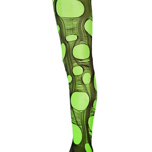 Neon groen zwarte visnetpanty rave accessoires gescheurde panty visnetkousen goth panty's noodlijdende panty's visnetleggings afbeelding 2