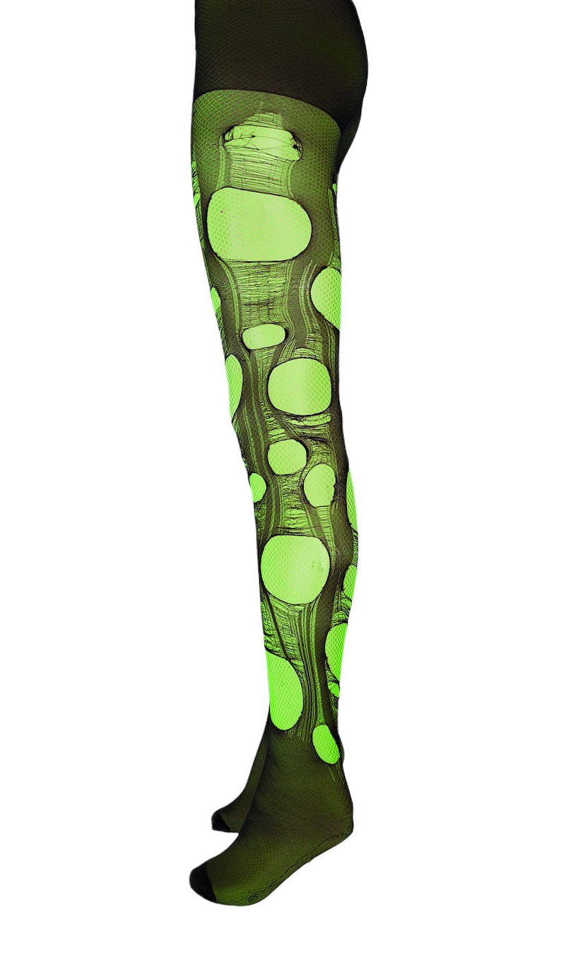 Neon groen zwarte visnetpanty rave accessoires gescheurde panty visnetkousen goth panty's noodlijdende panty's visnetleggings afbeelding 2