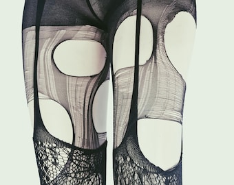 Black Lace Garter Tights Gothic Floral Fishnet Tights Dark Romantic Leggings Witchy Alternative Victorian Goth Stockings