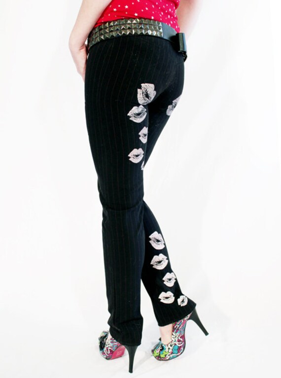 red and black pinstripe pants