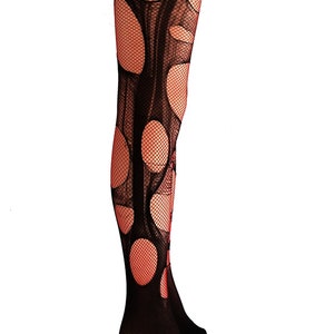 Red Black Fishnet Tights Fishnet Stockings Double Layered Tattered ...