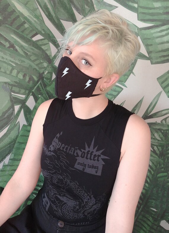 handmade Black lightning print cotton facemask cloth face | cute face mask mask rave mask | washable mask apocalyptic clothing