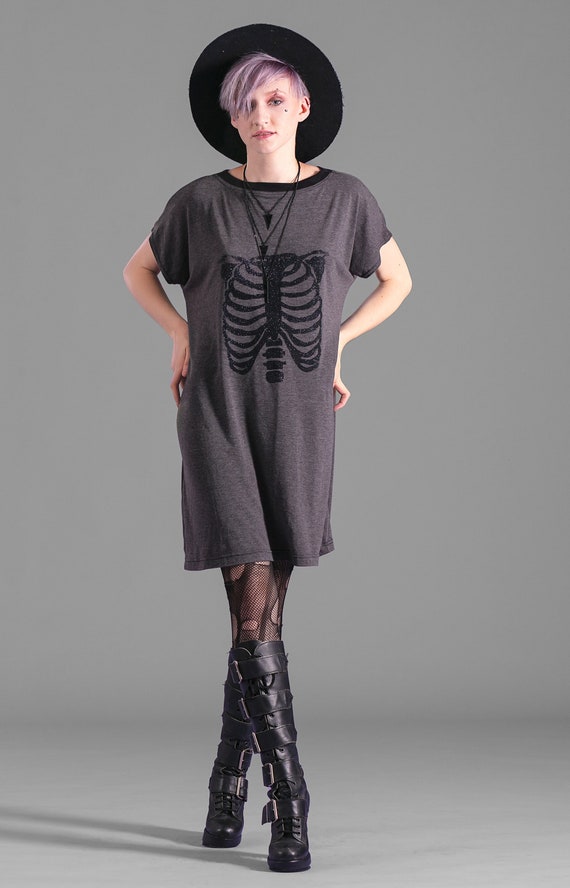 Halloween skeleton dress oversize dress rib cage print tunic tshirt dress glitter special edition | goth dress cyberpunk clothing