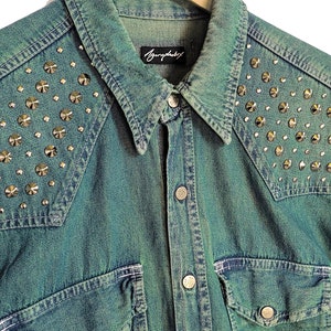 Green denim studded shirt jean shirt upcycled denim shirt | studded jeans western shirt sustainable fashion | upcycled clothing