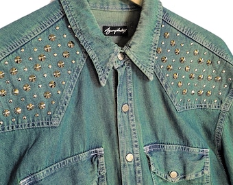 Green denim studded shirt jean shirt upcycled denim shirt | studded jeans western shirt sustainable fashion | upcycled clothing