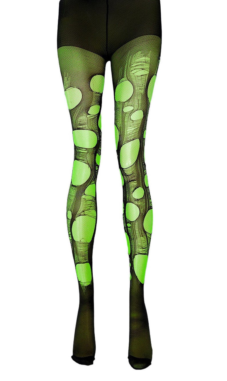 Neon groen zwarte visnetpanty rave accessoires gescheurde panty visnetkousen goth panty's noodlijdende panty's visnetleggings afbeelding 1