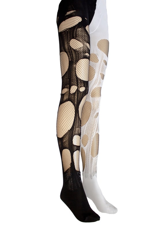 Goth Christmas White Black Fishnet Tights Tattered & Torn Tights