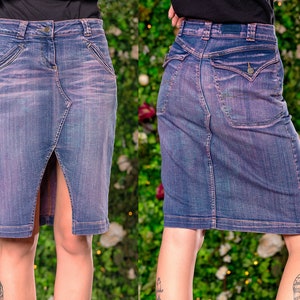 upcycled denim purple acid wash denim skirt pencil skirt with pockets | high waisted jeans skirt | sustainable clothing Size S sample sale