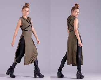 Olive green hooded tunic goth hoodie dress | post apocalyptic clothing steampunk dress | alternative clothing festival clothing