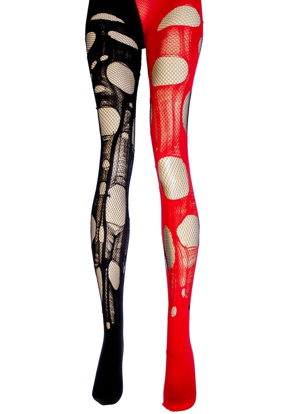 Ripped Tights Black Red Fishnet Tights Distressed Tights Torn Tights Goth  Tights Fishnet Stockings Fishnet Leggings Punk Tights 