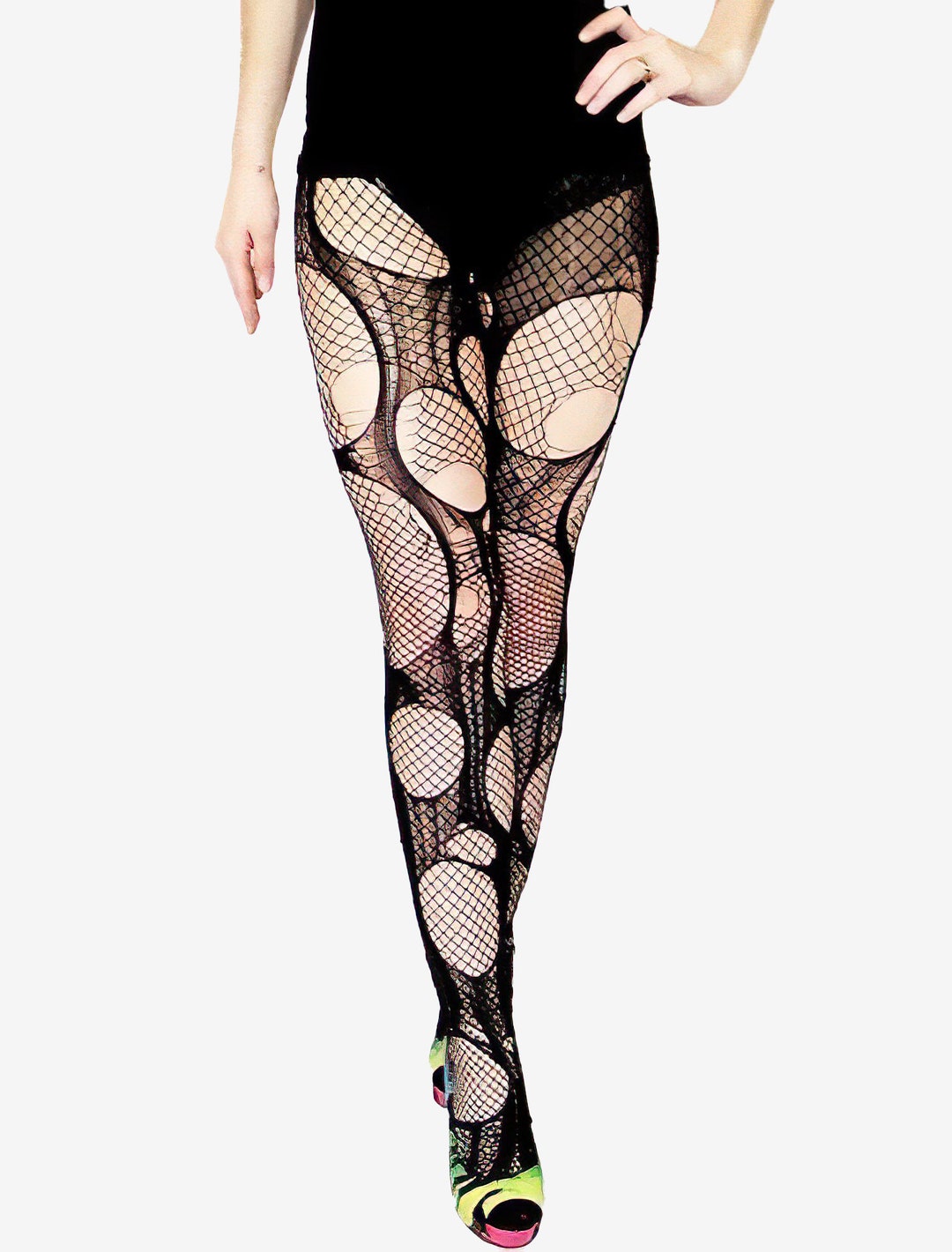 Accessorize Agoraphobix Double Layered Tattered & Torn Tights Fishnet  Leggings 