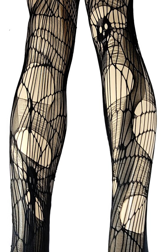 Zwarte gescheurde panty gestreepte legging Halloween-legging distressed panty | gothic legging visnetpanty gescheurde panty gothic panty visnet - België