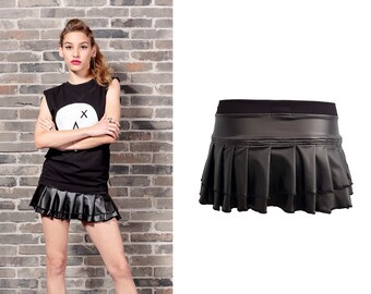 black pleated skirt gothic skirt micro mini skirt vegan leather skirt | pleated mini skirt  | faux leather skirt cyberpunk skirt