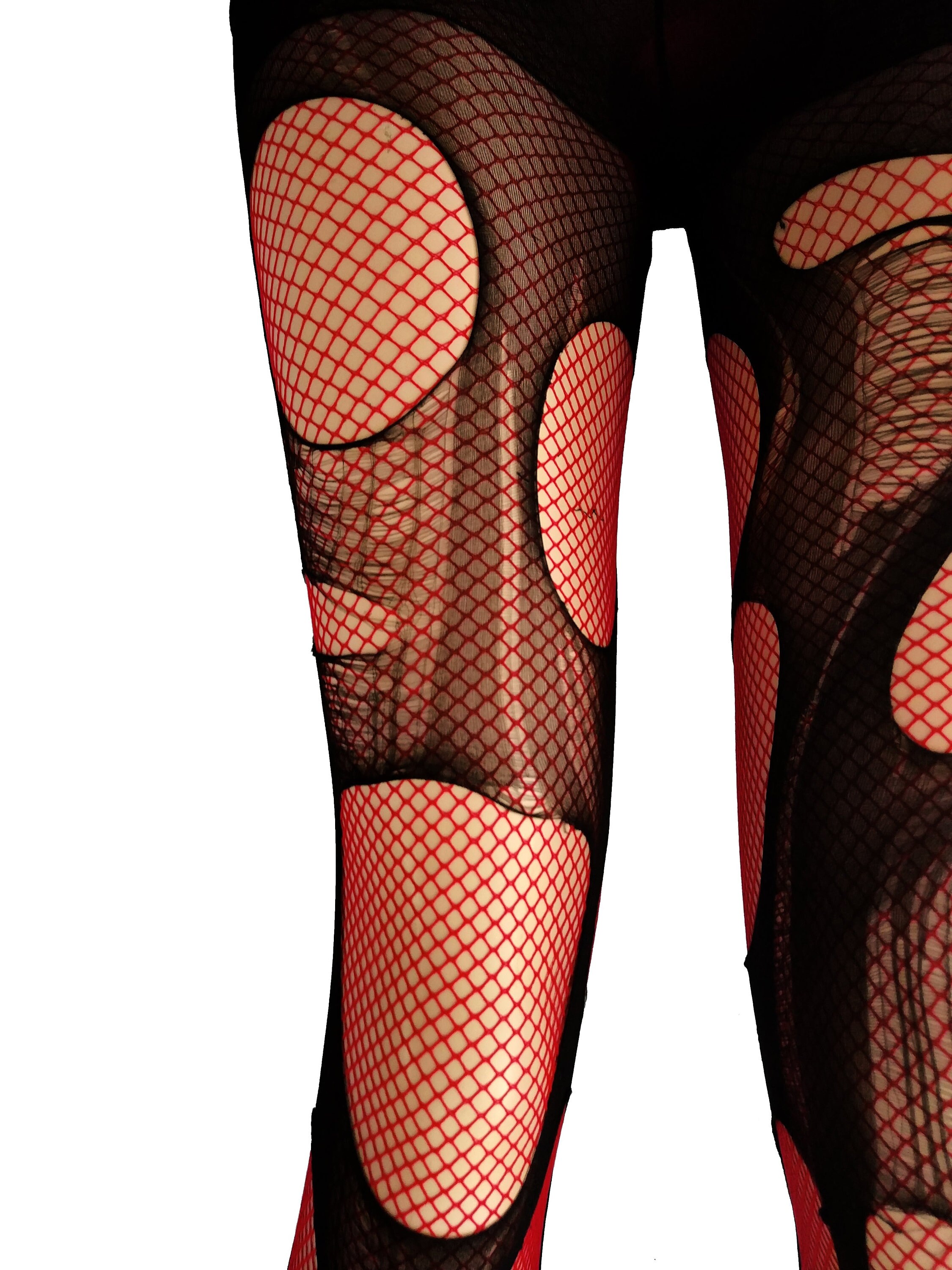 Red Black Fishnet Tights Fishnet Stockings Double Layered Tattered