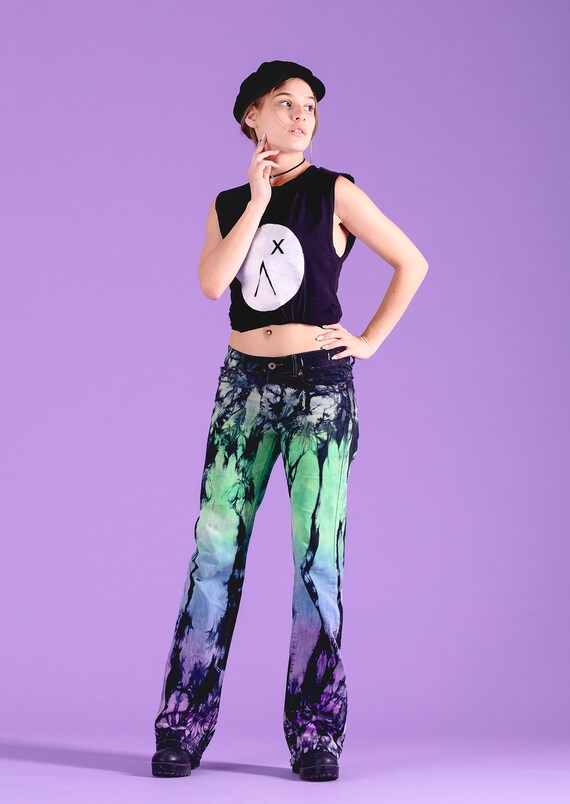 Tie dye jeans ombre paars blauw groene stropdas kleurstof | Etsy Nederland