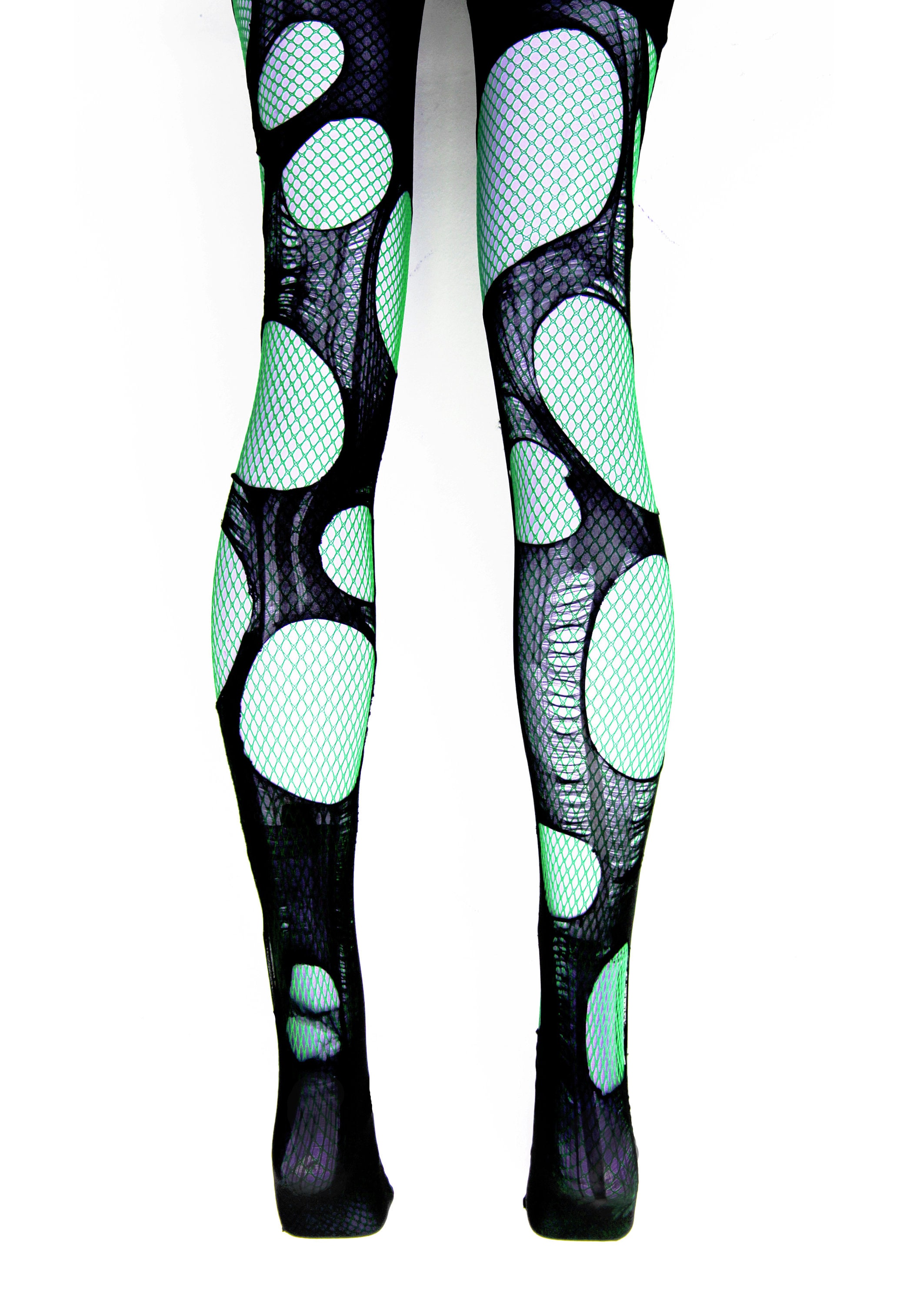 Cut Leggings Emerald Green Fishnets Double Layered Tattered & Torn Punk ...