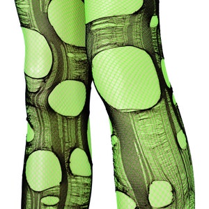 Neon groen zwarte visnetpanty rave accessoires gescheurde panty visnetkousen goth panty's noodlijdende panty's visnetleggings afbeelding 3