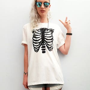 Handmade Glitter anatomy skeleton ribcage print T shirt Unisex Halloween cyberpunk clothing aesthetic clothing image 3