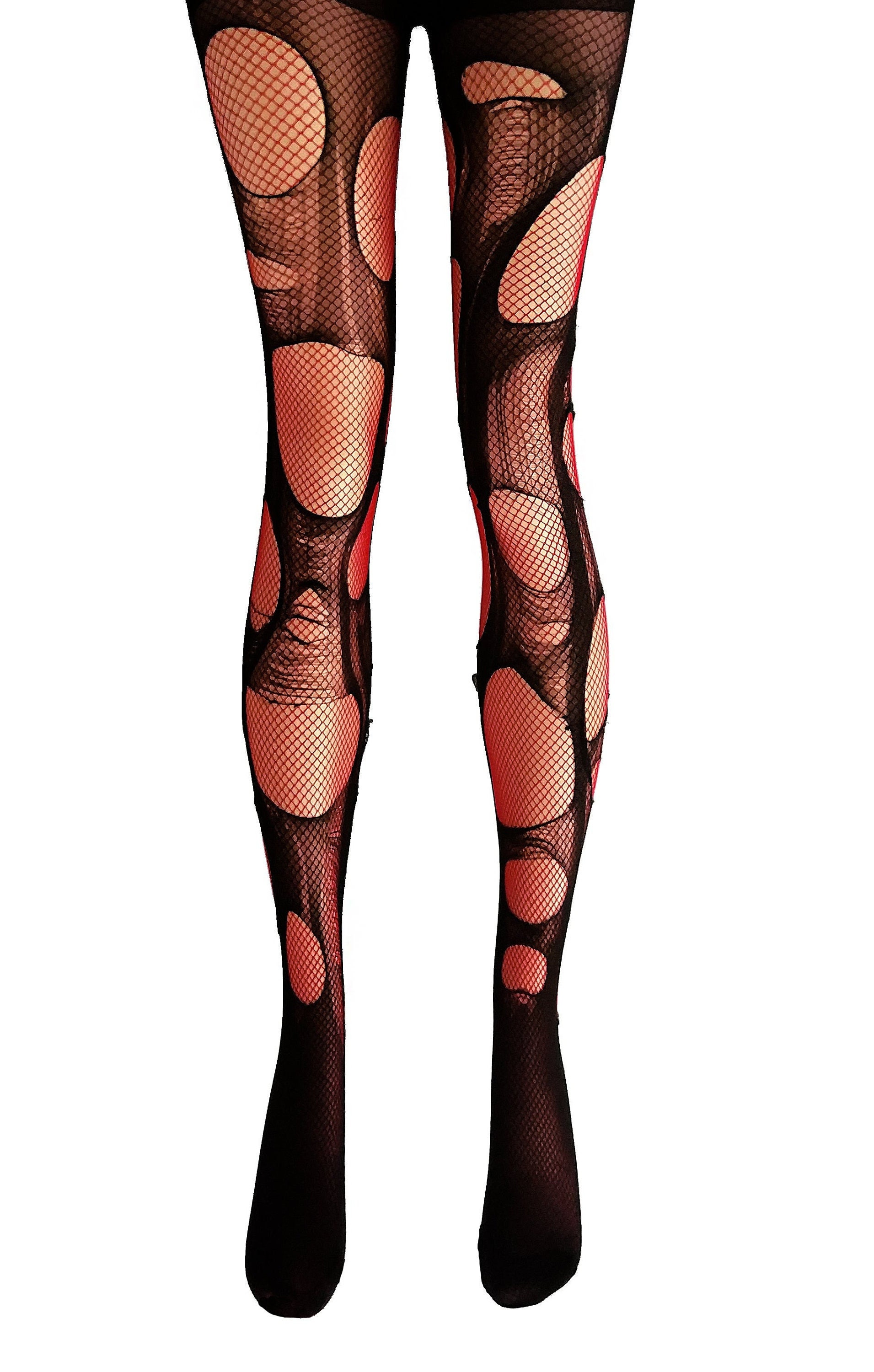 Red Black Fishnet Tights Fishnet Stockings Double Layered Tattered