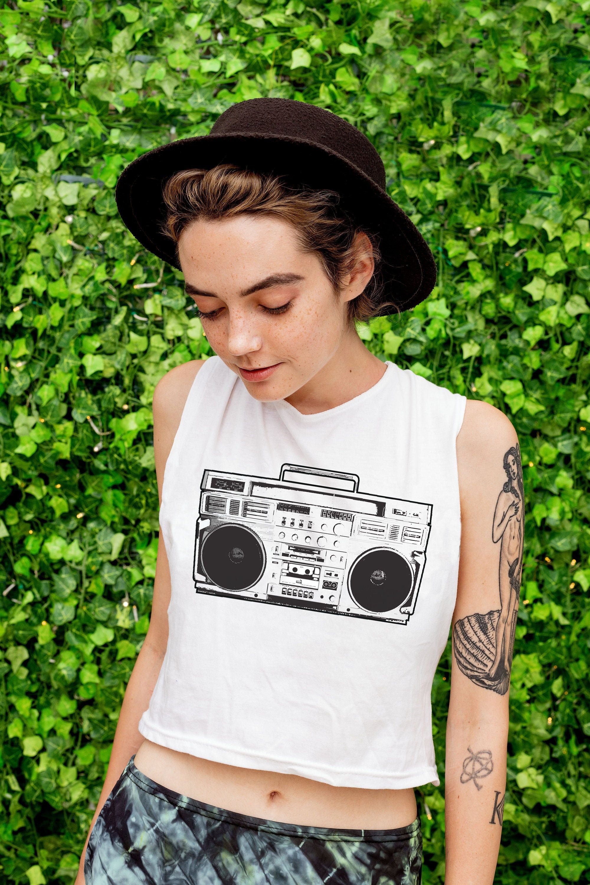 Vintage Boombox Ghetto Blaster Print Muscle Tank Women | 90s Crop