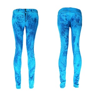 May include: A pair of blue jeans with a tie-dye pattern. The jeans are shown from the front and back.