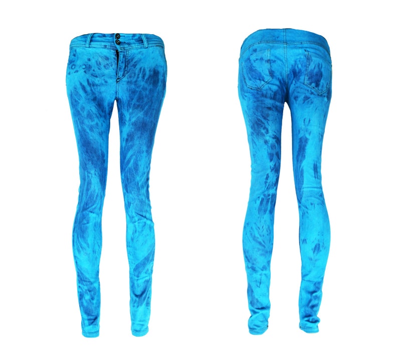 May include: A pair of blue jeans with a tie-dye pattern. The jeans are shown from the front and back.