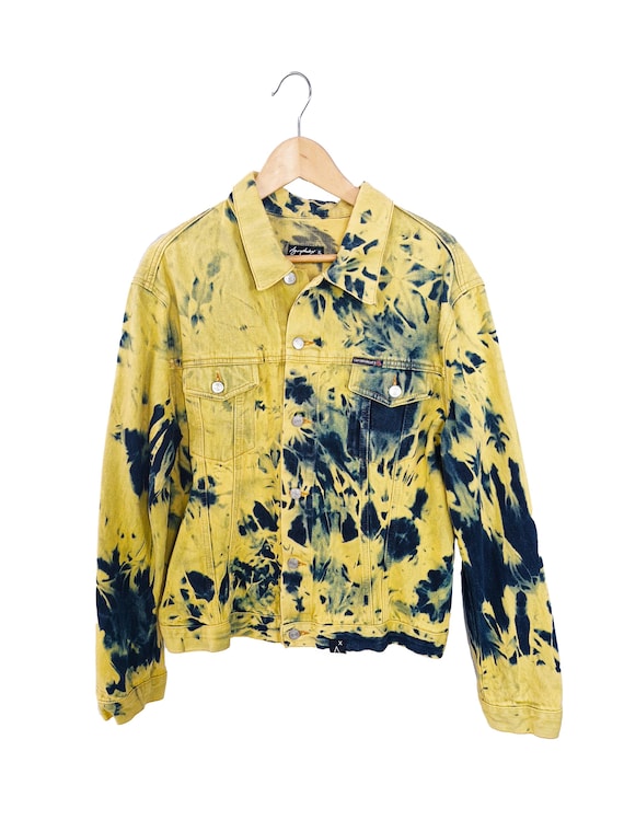 Tie Dye yellow jacket yellow denim jacket distressed jacket punk jacket upcycled jean jacket | yellow jeans jacket | size XL