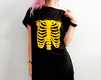 skeleton tshirt dress horror print goth dress |  ribcage dress cyberpunk clothing t shirt dress | skeleton shirt dress halloween