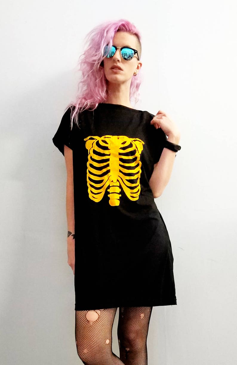 skeleton tshirt dress horror print goth dress ribcage dress cyberpunk clothing t shirt dress skeleton shirt dress halloween image 1