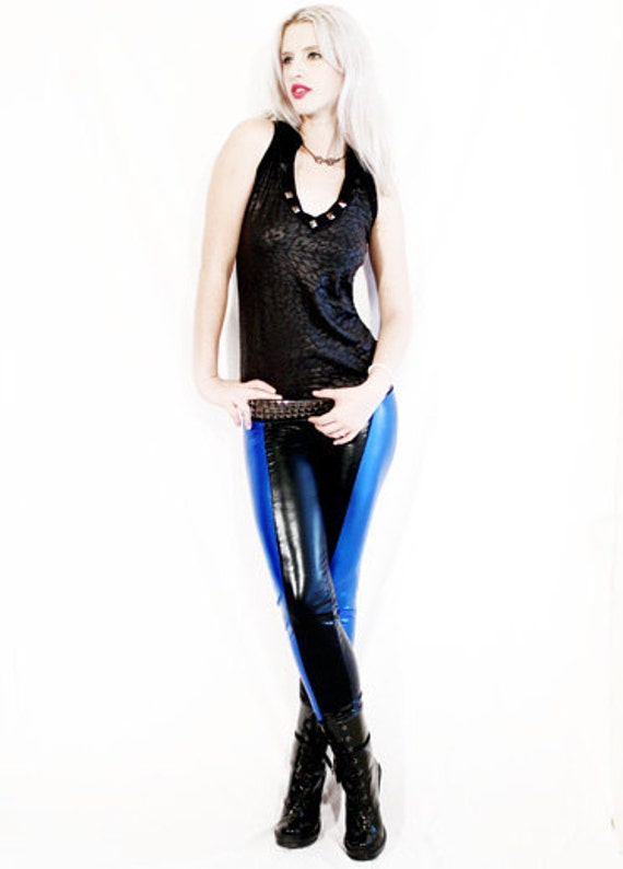 Glamorama Black and Cobalt Blue Spandex Leggings Wet Look | Etsy