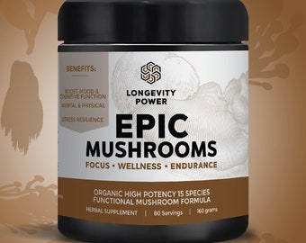 LONGEVITY POWER'S Epic Mushroom Powder: 20-in-1 Reishi, Lion's Mane, Cordyceps+ for Physical Stamina, Mental Focus, Whole Body Wellness