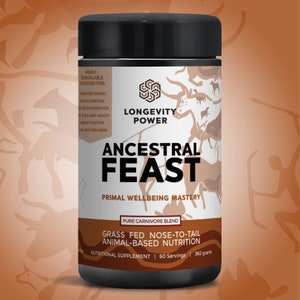 May include: White container with a black lid and a label that reads "Ancestral Feast Primal Wellbeing Mastery Pure Carnivore Blend Grass Fed Nose-to-Tail Animal-Based Nutrition Nutritional Supplement 60 Servings 360 grams". The label also features a stylized image of a bull and the words "Longevity Power".