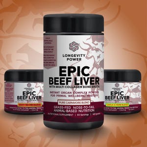 Puede incluir: Tres frascos con tapa negra de suplemento nutricional Epic Beef Liver. El frasco central, más grande, muestra el nombre del producto y "Pure Carnivore Blend". Los frascos más pequeños presentan "Zesty Tex-Mex Blend" y "Garlic & Herb Blend". Las etiquetas destacan los beneficios.
