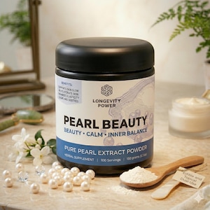 May include: A black jar of "Pearl Beauty" powder with a white and blue label, a wooden spoon with powder, and pearls. The label reads "Pure Pearl Extract Powder" and "Herbal Supplement". The jar is surrounded by white flowers and a small jar of cream.