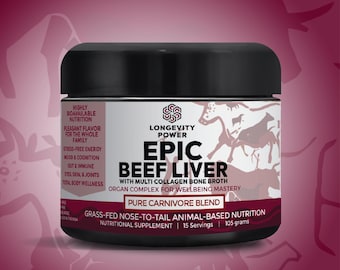 Longevity Power's Epic Grass-Fed Beef Liver & Bone Broth Powder: Nature's Multi-Vitamin + Nutrient-Dense Collagen | Pure Carnivore Flavor