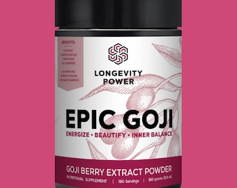 LONGEVITY POWER'S Epic Goji Powder: 12X Extract Superfruit Beauty Tonic | Delicious Adaptogen Drink | Skin, Vision, Mood & Longevity Support