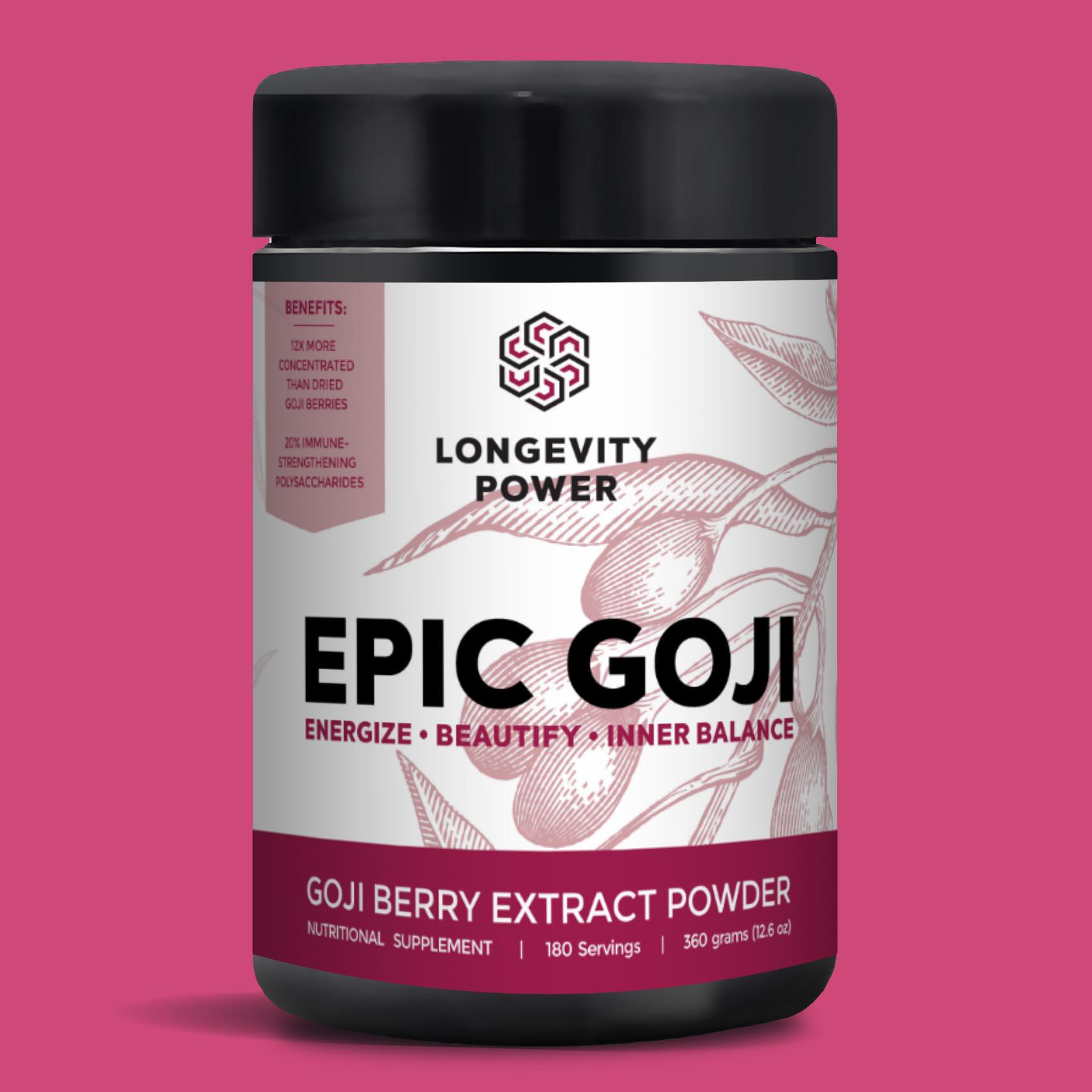 LONGEVITY POWER'S Epic Goji Powder: 12X Extract Superfruit Beauty Tonic Delicious Adaptogen Drink Skin, Vision, Mood & Longevity Support