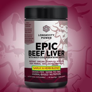 Puede incluir: Un frasco negro de polvo "Epic Beef Liver" con tapa negra. La etiqueta incluye texto como "Longevity Power", "Garlic & Herb Blend" y "Grass-fed Nose-to-Tail Animal-Based Nutrition". El frasco contiene 504 gramos.