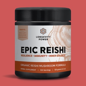 以下が含まれることがあります： 黒いEpic Reishiオーガニックマッシュルームフォーミュラの瓶。ラベルには「Longevity Power」と「Epic Reishi」の文字があり、精神的な明晰さ、免疫サポート、ストレス耐性などの利点が表示されています。120グラム入りです。