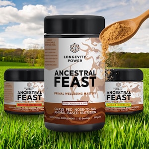 以下が含まれることがあります： アニマル・フィースト・プライマル・ウェルビーイング・マスターの栄養補助食品パウダーが入った3つの容器。容器には、製品名、ブレンドの種類、サービングサイズが記載されています。パウダーは薄い茶色で、木製のスプーンから注がれています。