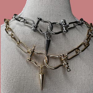 Chunky Paperclip Chain Necklace: Gold or Silver Carabiner with Spike Charm