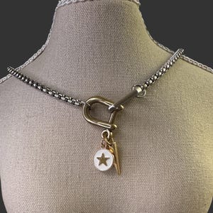 Chunky Silver Carabiner/Shackle Charm Necklace- Mixed Metal, Star and Spike, Layering, Stacking, Modern, Edgy Styles