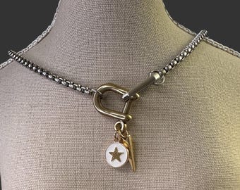 Chunky Silver Carabiner Necklace: Mixed Metal Star & Spike Charm