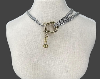 Chunky Silver Carabiner/Shackle Charm Necklace- Mixed Metal, Layering, Stacking, Modern, Edgy Styles