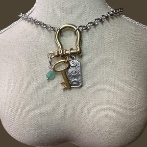 Chunky Carabiner/Shackle Charm Necklace- Silver Stainless Chain Mixed Metal, Star and Spike, Layering, Stacking, Modern, Edgy Styles